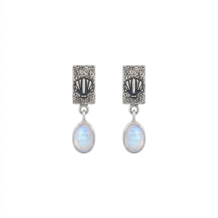 Aros Algarve Piedra Luna Plata 925 - joya artesanal Nomada Soul, plata 925, piedra natural, hecho a mano en Bali - vista frontal